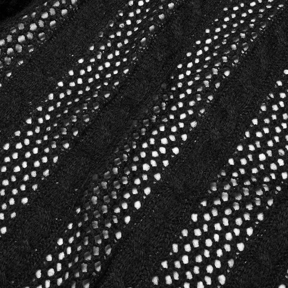Macro detail of striped knitted mesh fabric with alternating solid and mesh sections fuzzy knit surface