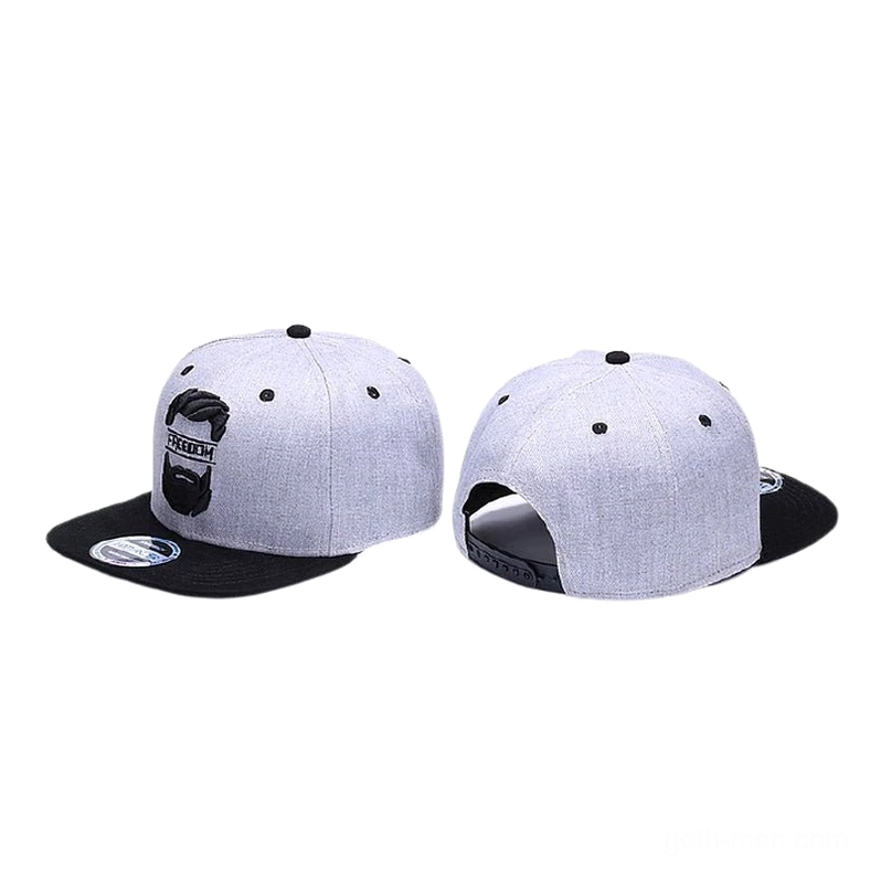 Pair of matching gothic snapback caps with embroidered mustache design displayed side by side in grey and black colorway