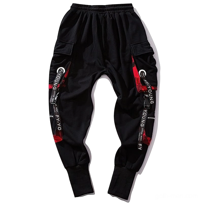 Black gothic cargo joggers front detail view showcasing decorative lettered straps, red-black lining, and multi-pocket system