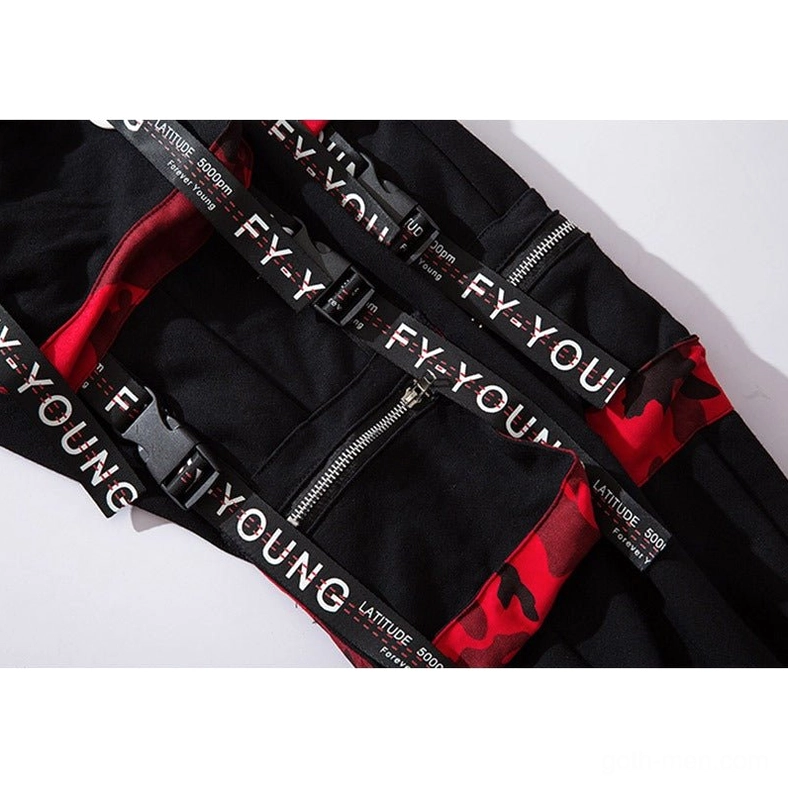 Black gothic cargo joggers multi-layer strap details with zippered pocket and English printed slogans on decorative elements