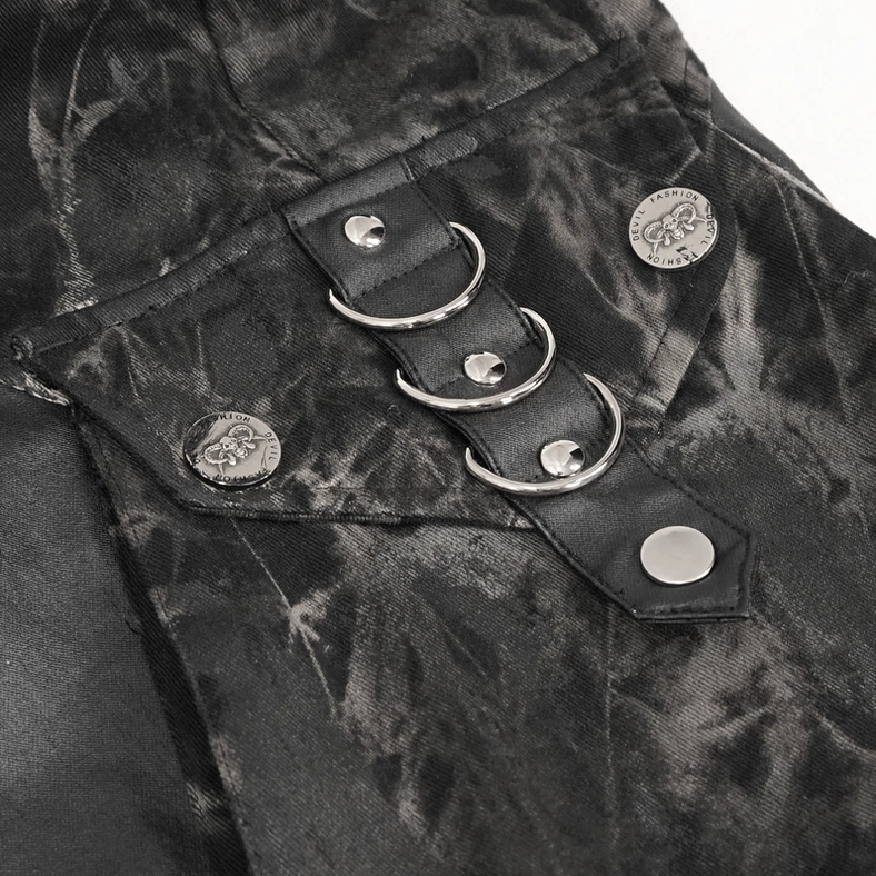 Close-up detail of black gothic cargo joggers pocket hardware with metal D-rings and rivet buttons