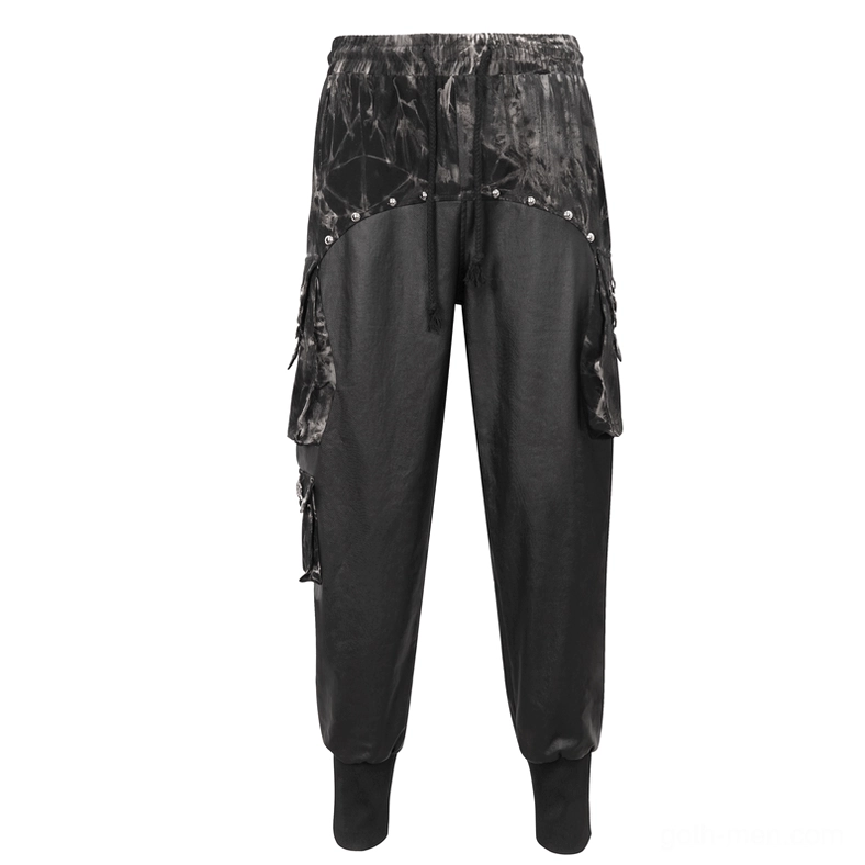 Flat lay front view of black gothic cargo joggers with spliced tie-dye and faux leather