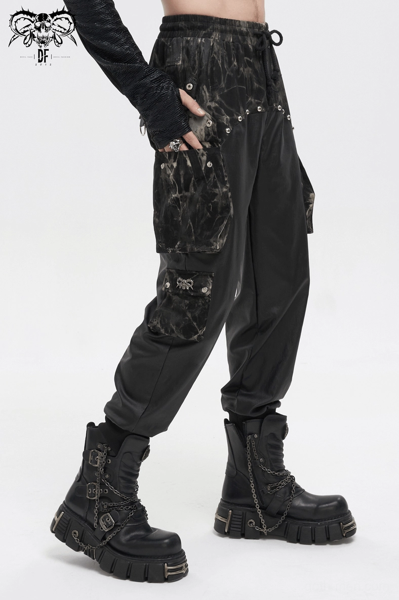 Black gothic cargo joggers seam and construction detail showing quality craftsmanship