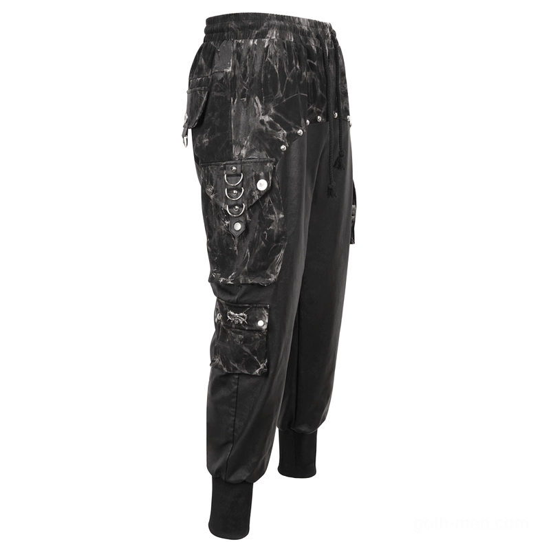 Side flat lay view of black gothic cargo joggers with metal ring hardware and side pocket details