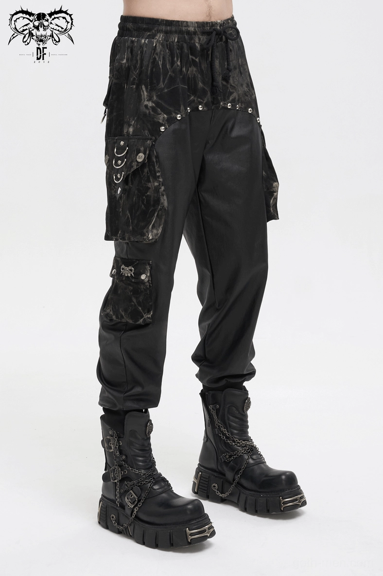 Black gothic cargo joggers texture close-up highlighting tie-dye and faux leather blend