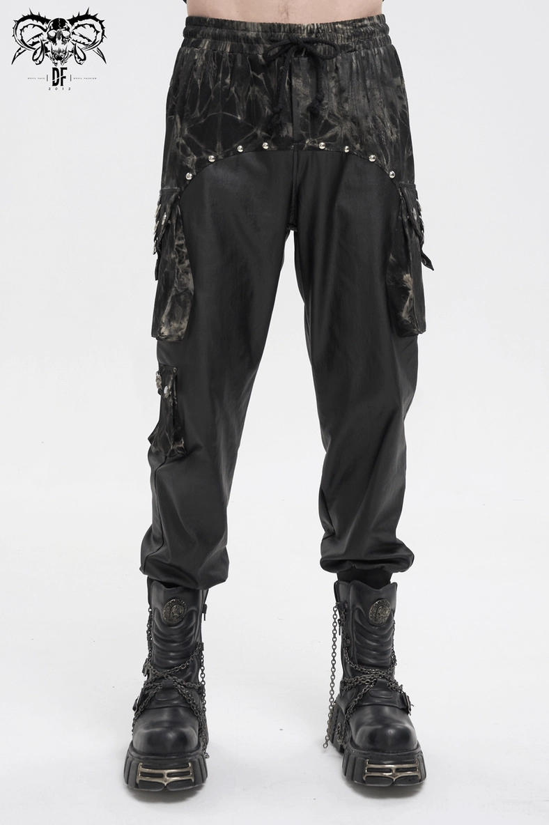 Black gothic cargo joggers thigh and leg opening detail showing fabric texture and construction