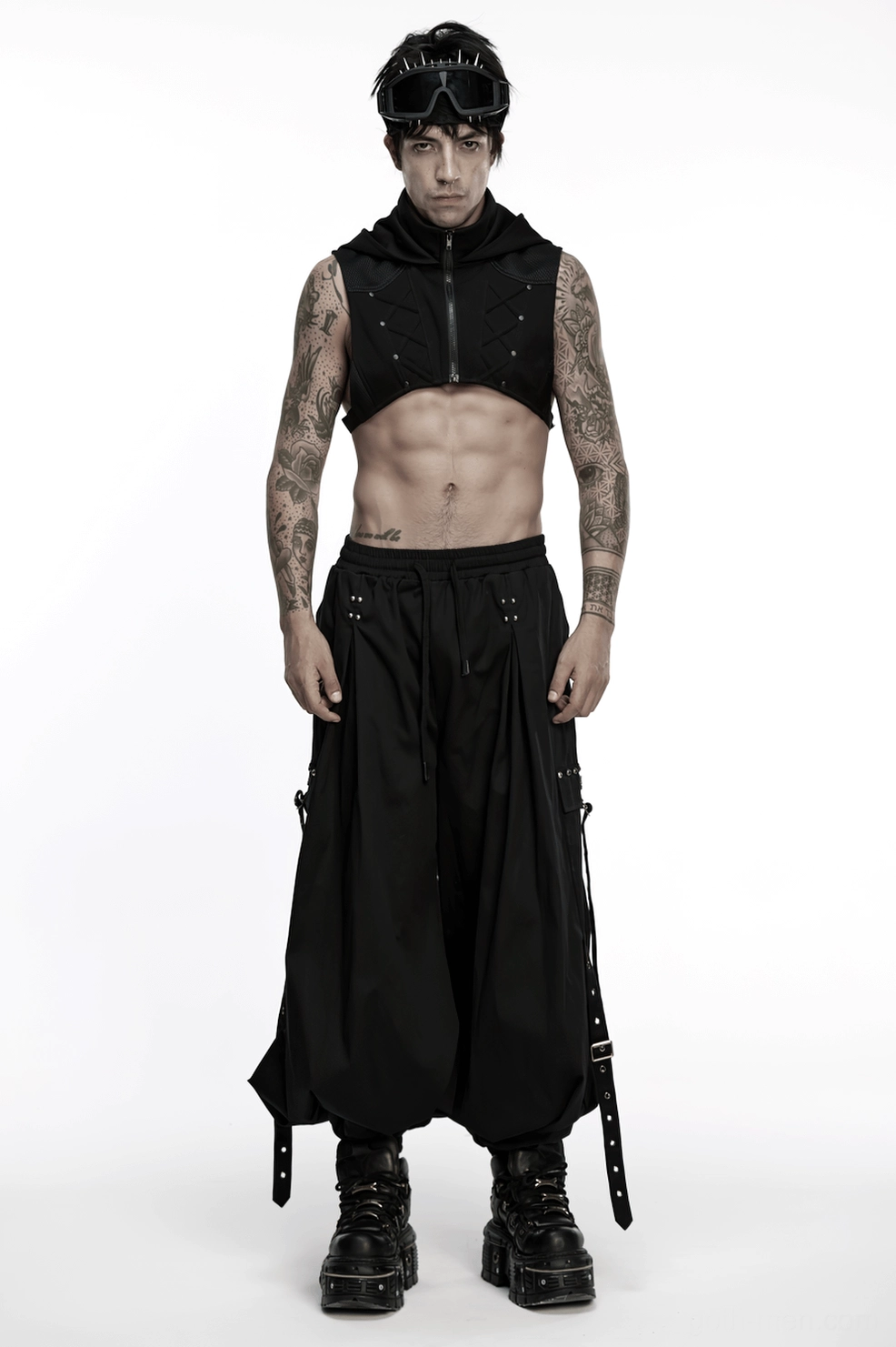 Black gothic cargo pants strap system showing adjustable D-ring and buckle configurations