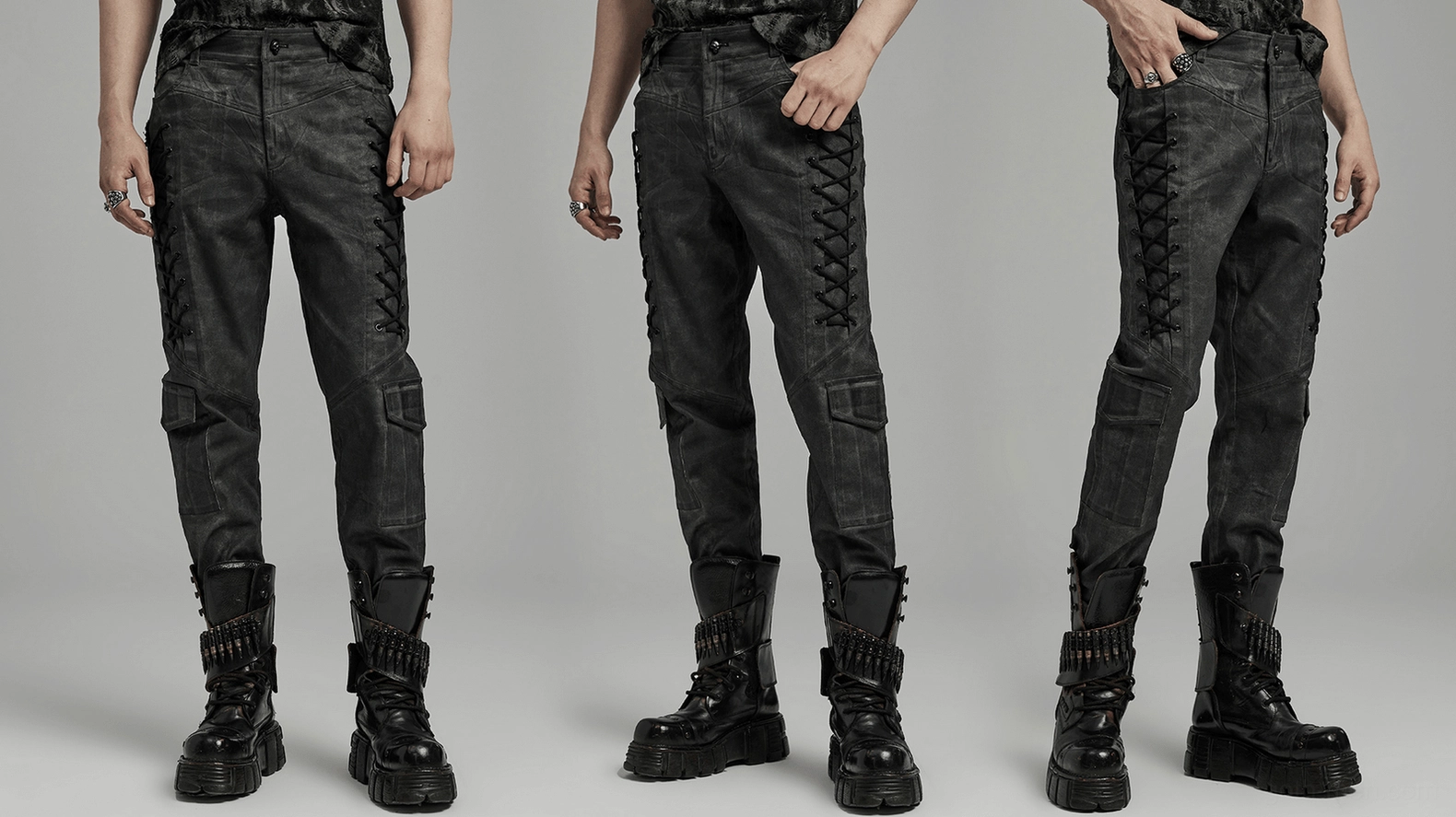 Lifestyle image of gothic distressed cargo pants demonstrating fit and styling with alternative fashion aesthetic
