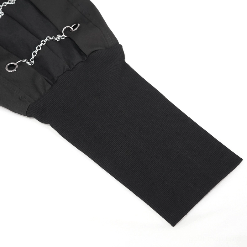 Close-up detail of ribbed elastic ankle cuff with metal chain eyelet trim on gothic cargo pants
