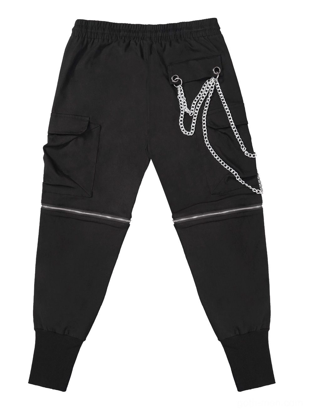 Back flat lay view of gothic cargo pants highlighting metal chain decoration and reinforced pocket construction