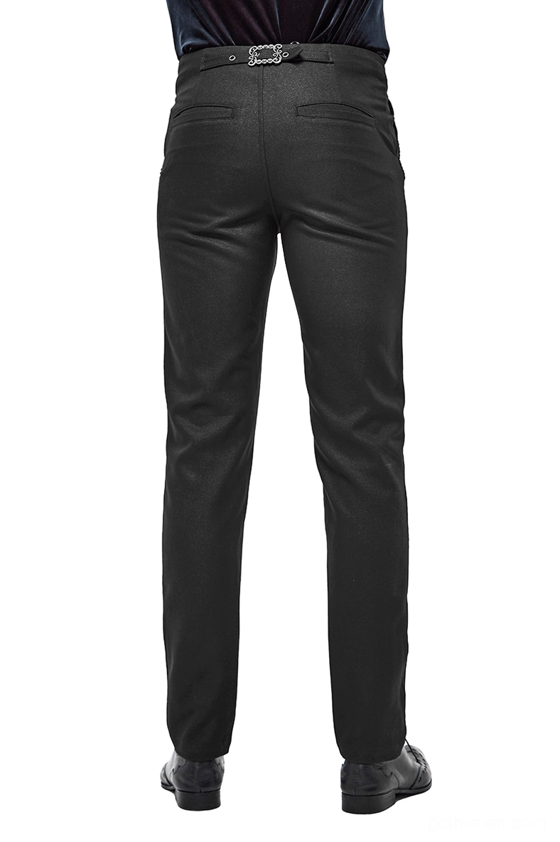 Black gothic cargo pants rear view showing decorative metal buckle waistband and back pockets