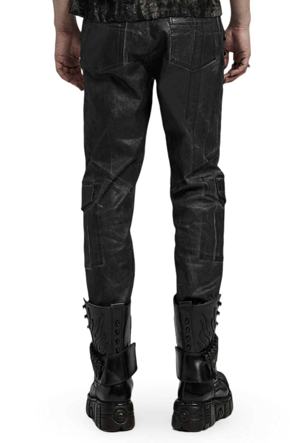 Distressed gothic cargo pants rear view showing back pockets and reinforced distressed finish, worn with combat boots