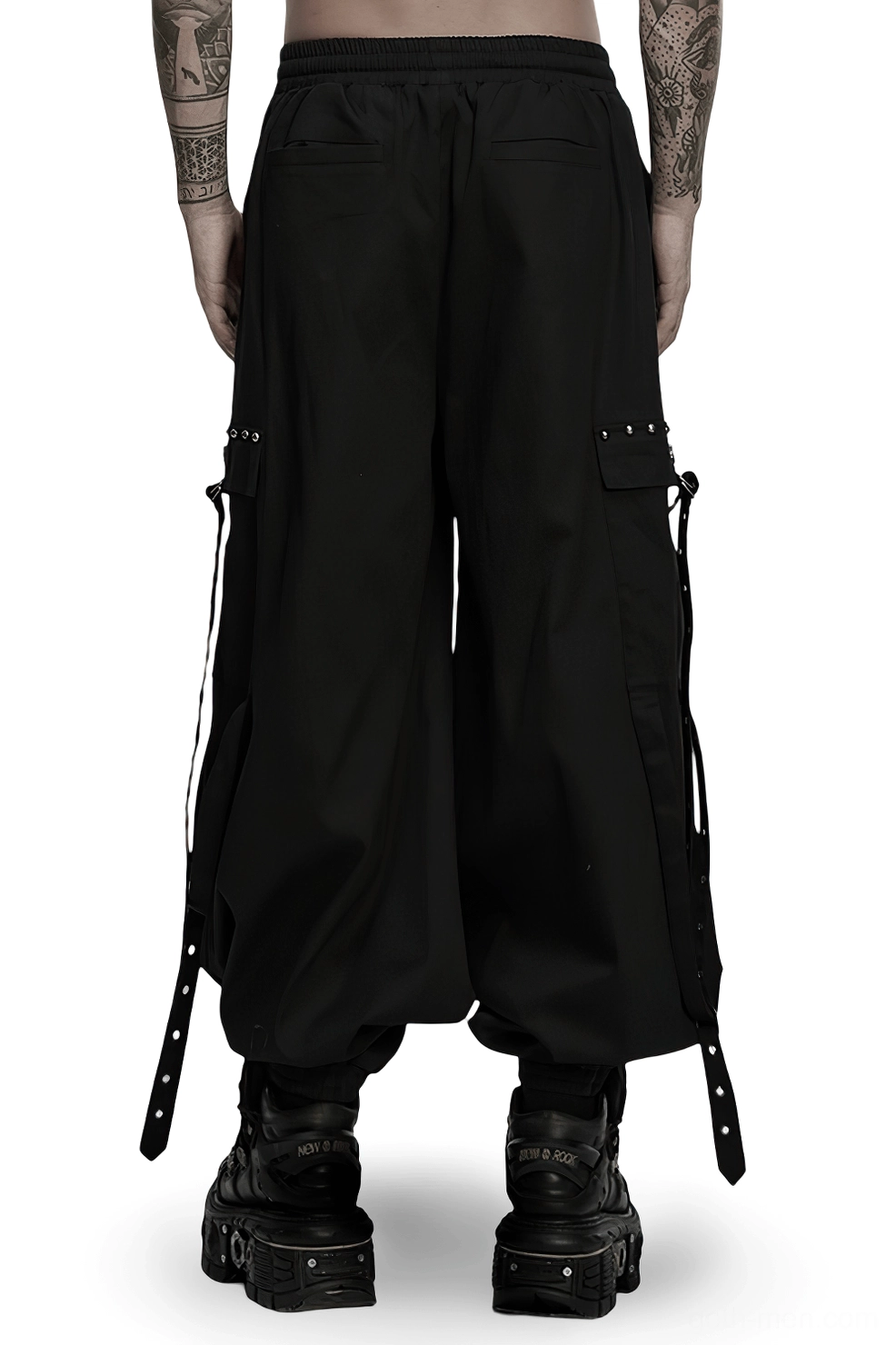 Black gothic cargo pants rear full-body view showing side pockets and hanging straps