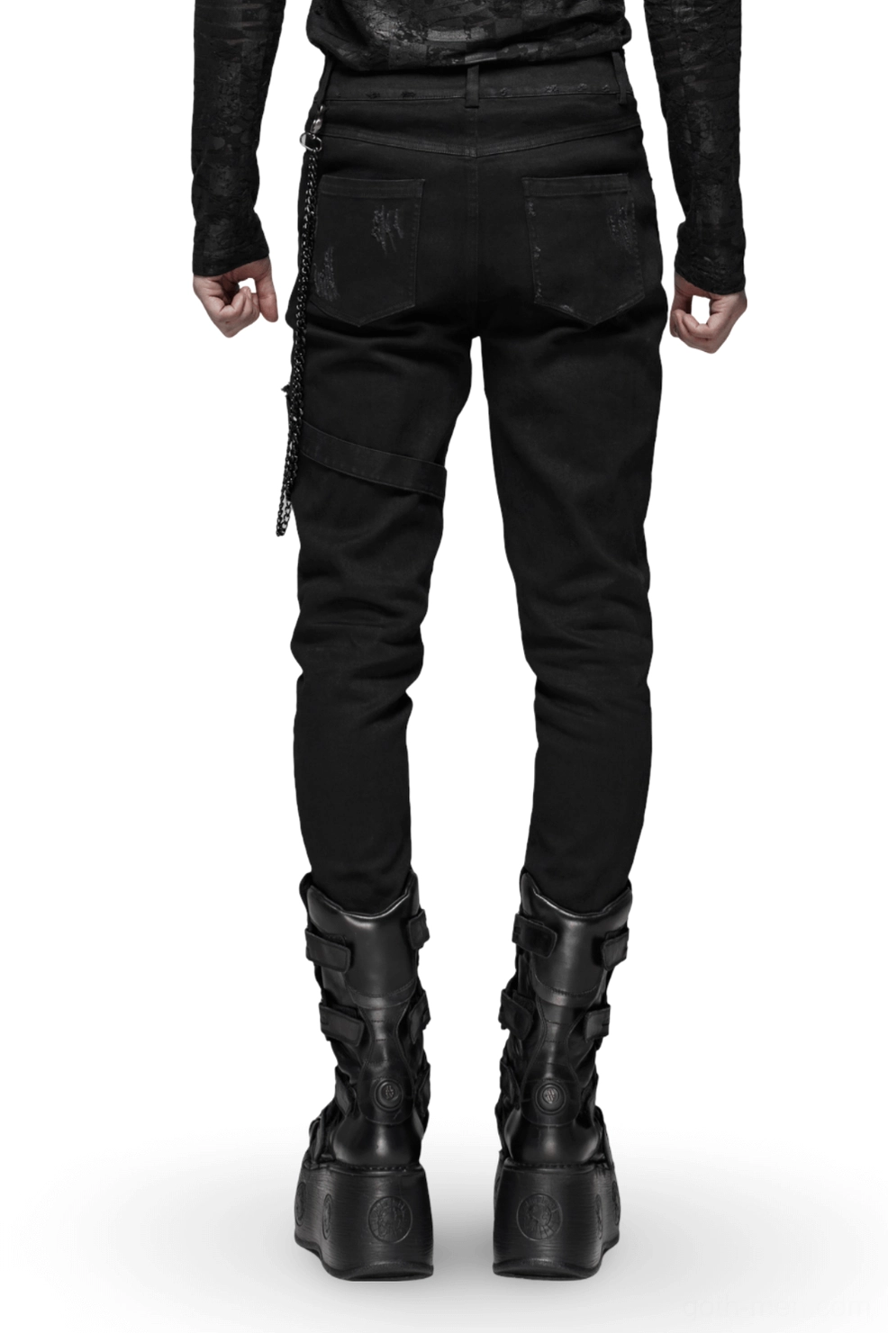 Black Gothic cargo pants back view on male model, showing distressed knee texture and side chain detailing