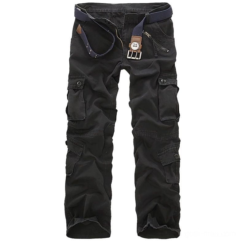 Black military cargo pants front flat lay view with multiple side pockets and waist belt loops - goth cargo trousers