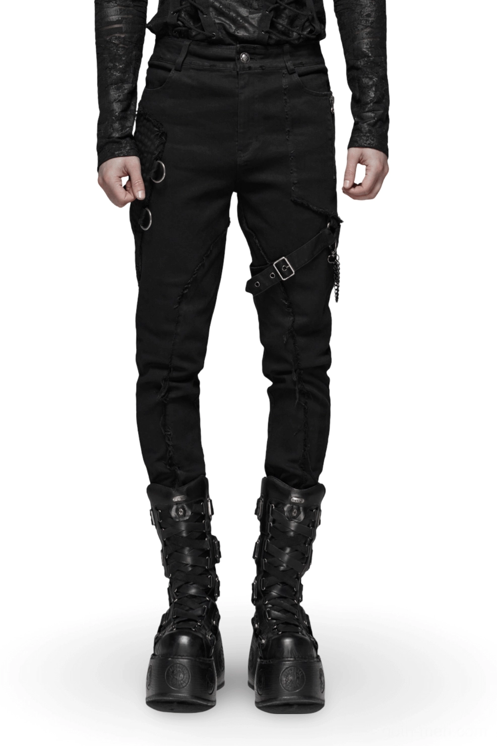 Black Gothic cargo pants front view on male model, featuring metal chain accents and zipper details