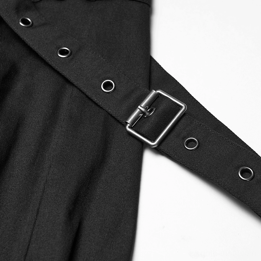 Close-up of gothic cargo pants metal square buckle and grommet holes on canvas strap