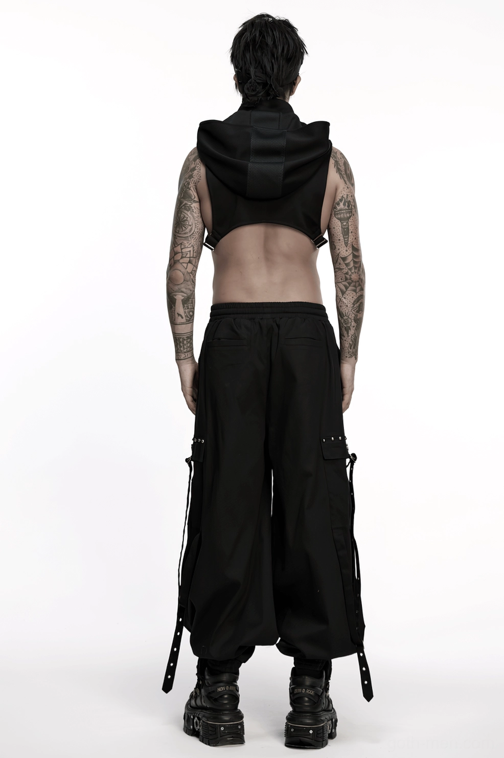 Black gothic cargo pants multiple cargo pockets and functional utility design elements