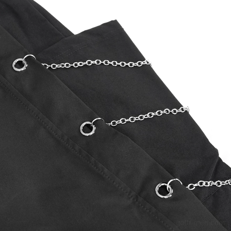 Detailed close-up of curb chain and round metal eyelets sewn into matte black fabric of cargo pants