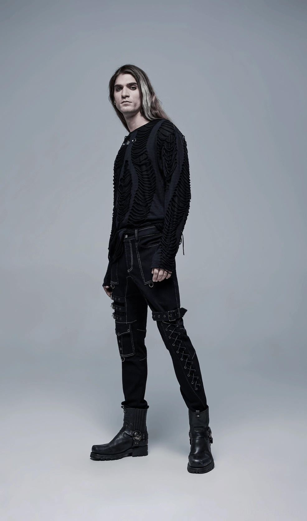 Black gothic cargo pants featuring white contrast stitching and multi-pocket design