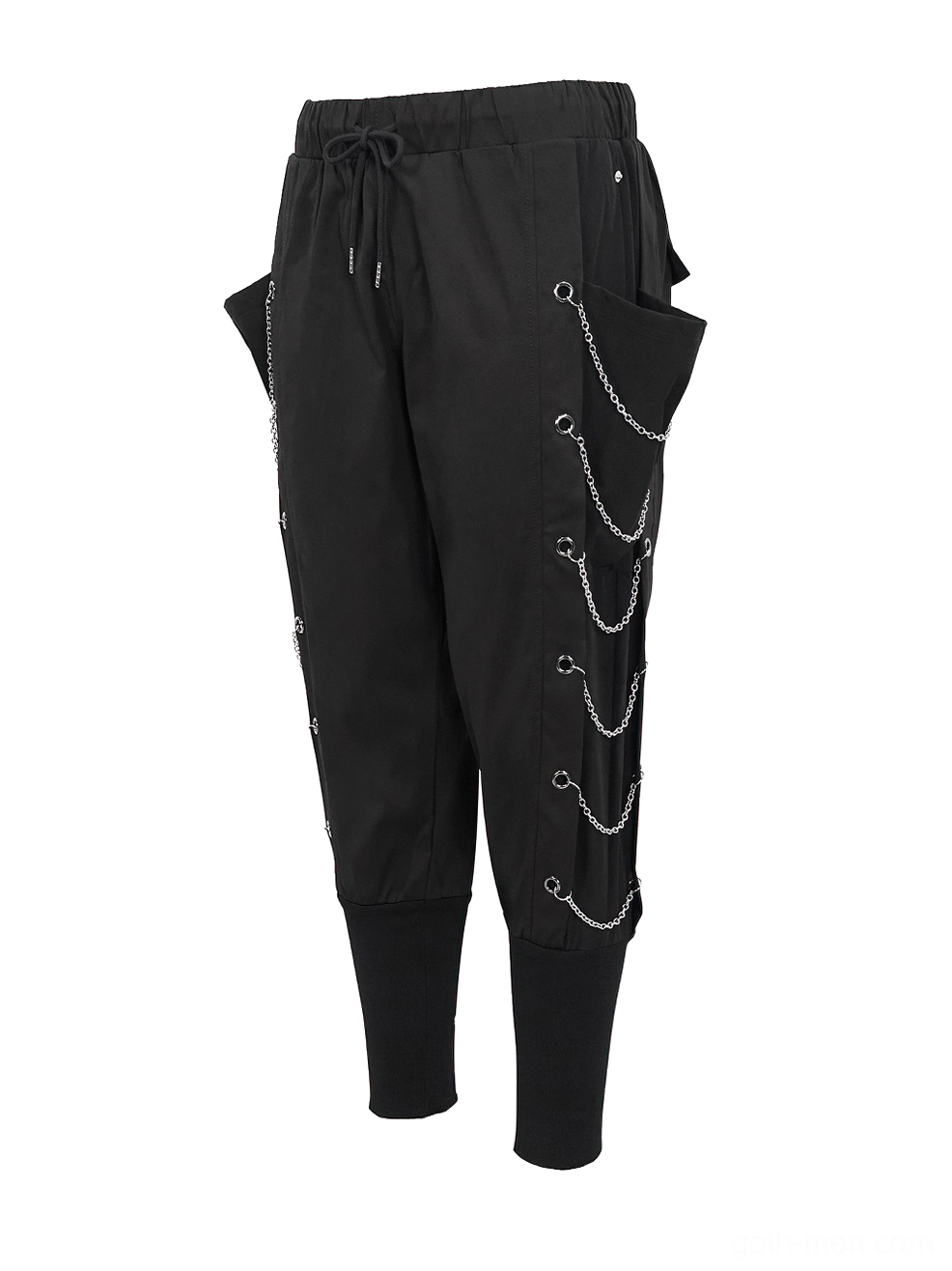 Black cargo pants flat lay front view highlighting tapered elastic cuffs with chain eyelet detailing