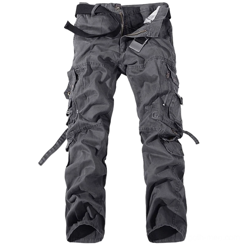 Dark gray gothic cargo pants front flat lay with multi-pocket detail and adjustable straps
