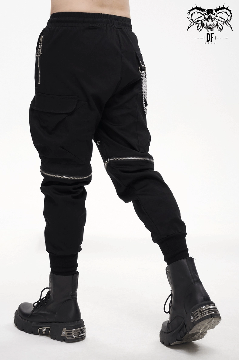 Detailed product view of black gothic cargo pants highlighting distinctive hardware and features