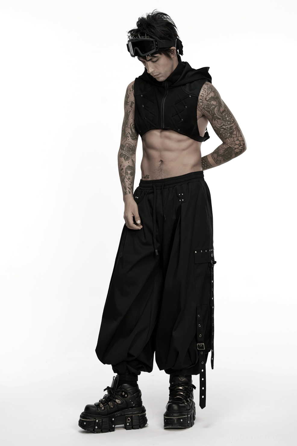 Black gothic cargo pants texture detail showing elastic twill weave and fabric composition