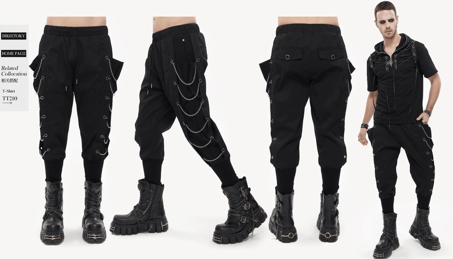 Size reference and fit proportions of black gothic cargo pants shown on model