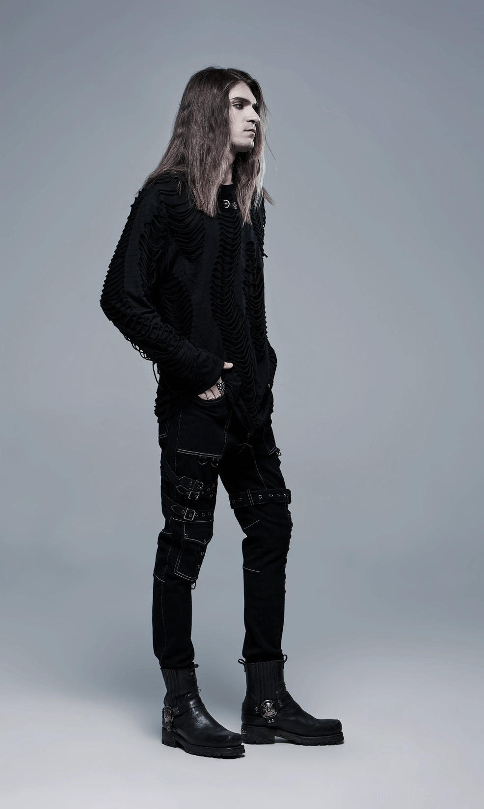 Gothic cargo pants front view emphasizing fitted silhouette and statement buckle details