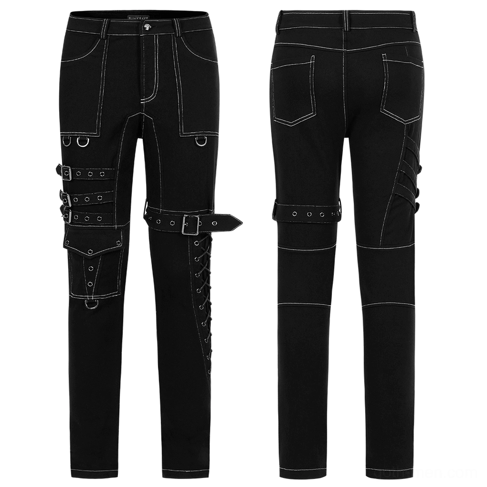 Black gothic cargo pants flat lay front and rear view with contrast topstitching and buckle details