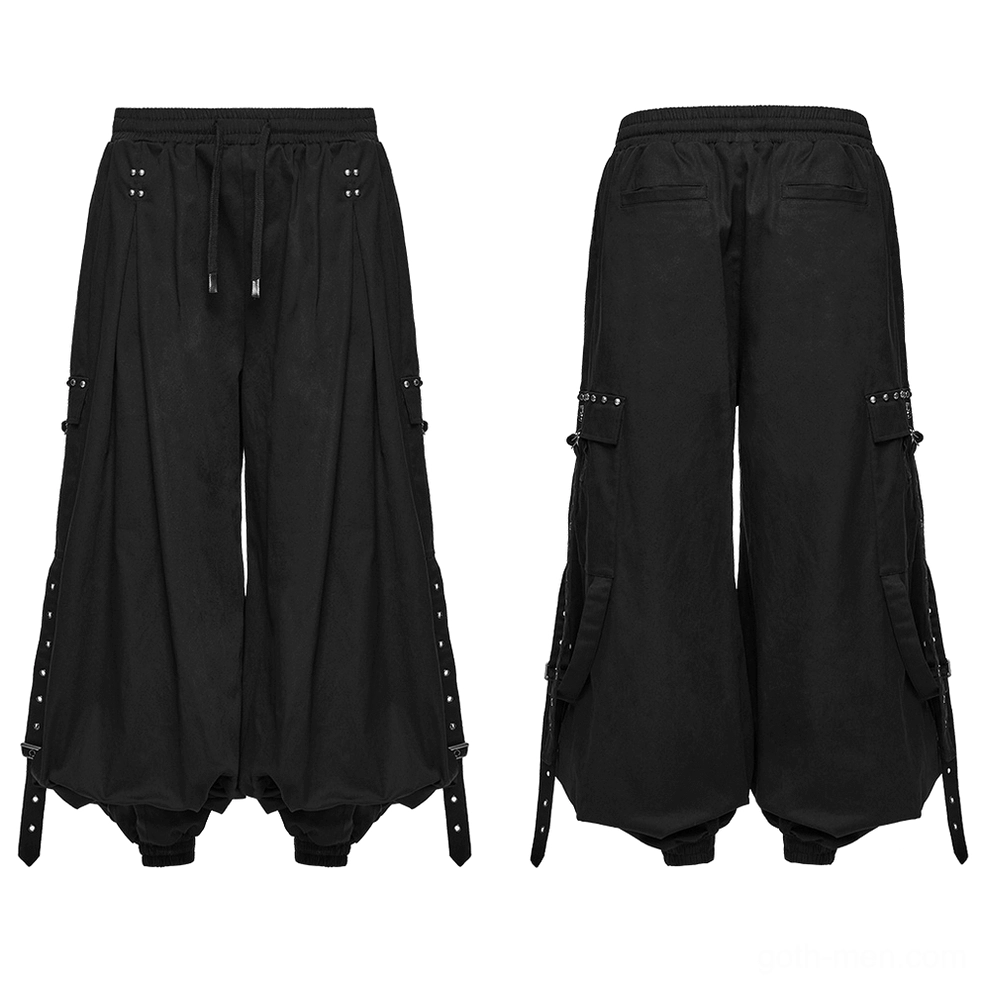 Black gothic cargo pants flat lay front and back display with rivet trims and hardware