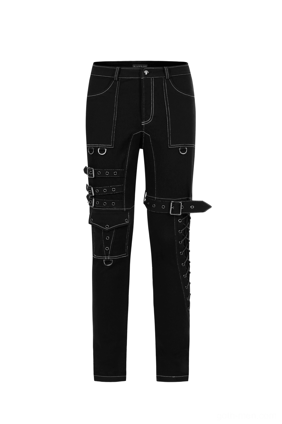 Men's gothic cargo pants front flat lay highlighting thigh buckle straps and side lace-up design