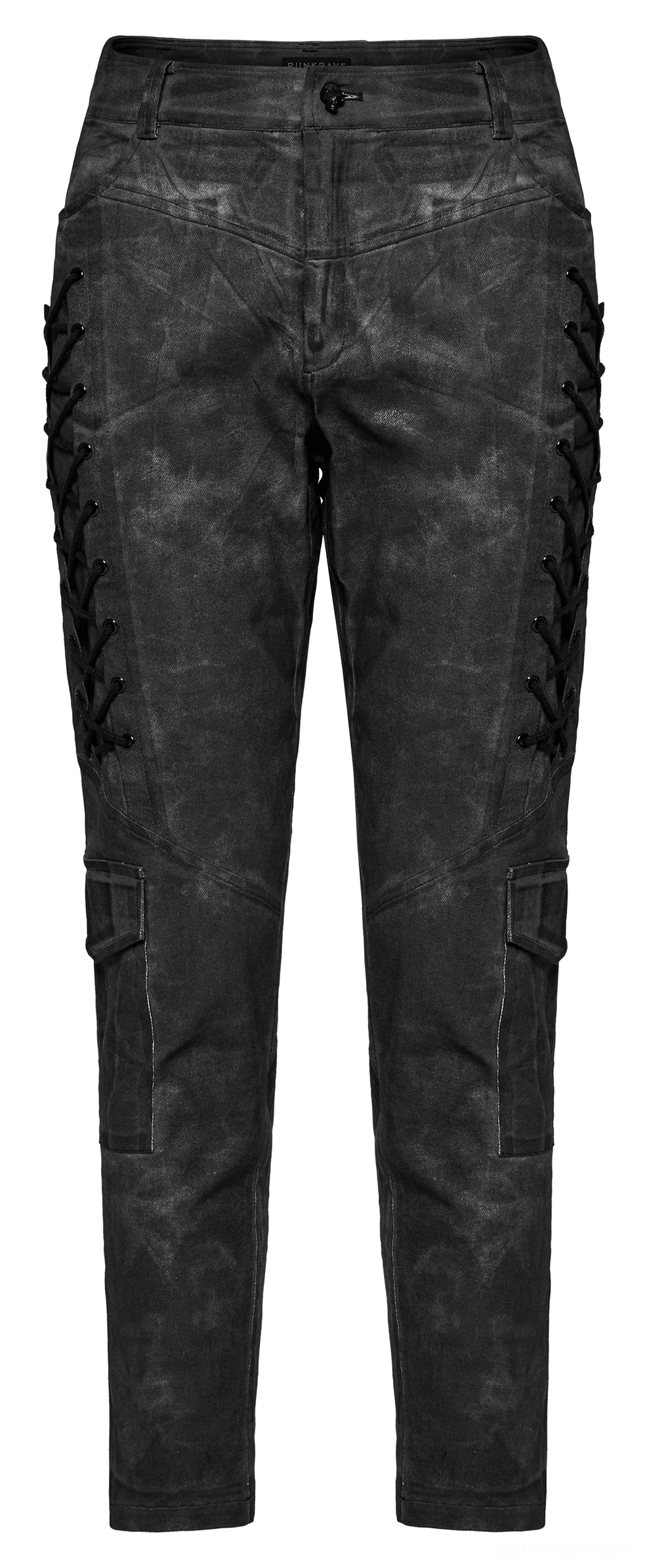 Front flat lay of distressed gray gothic cargo pants showing faded black coating and side lace-up trim detail