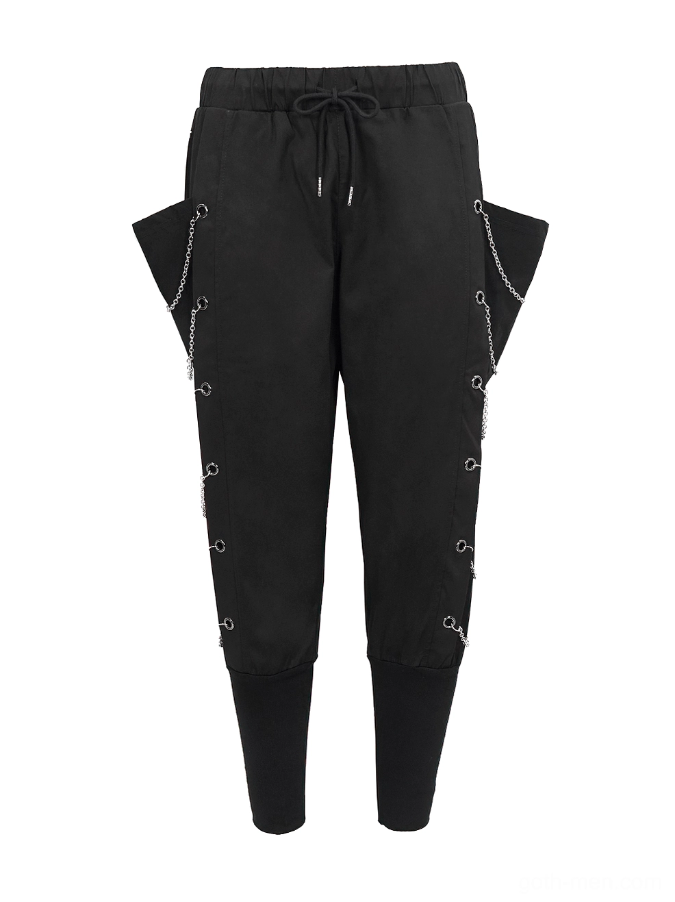 Black gothic cargo pants front flat lay showing drawstring waist and side cargo pocket placement