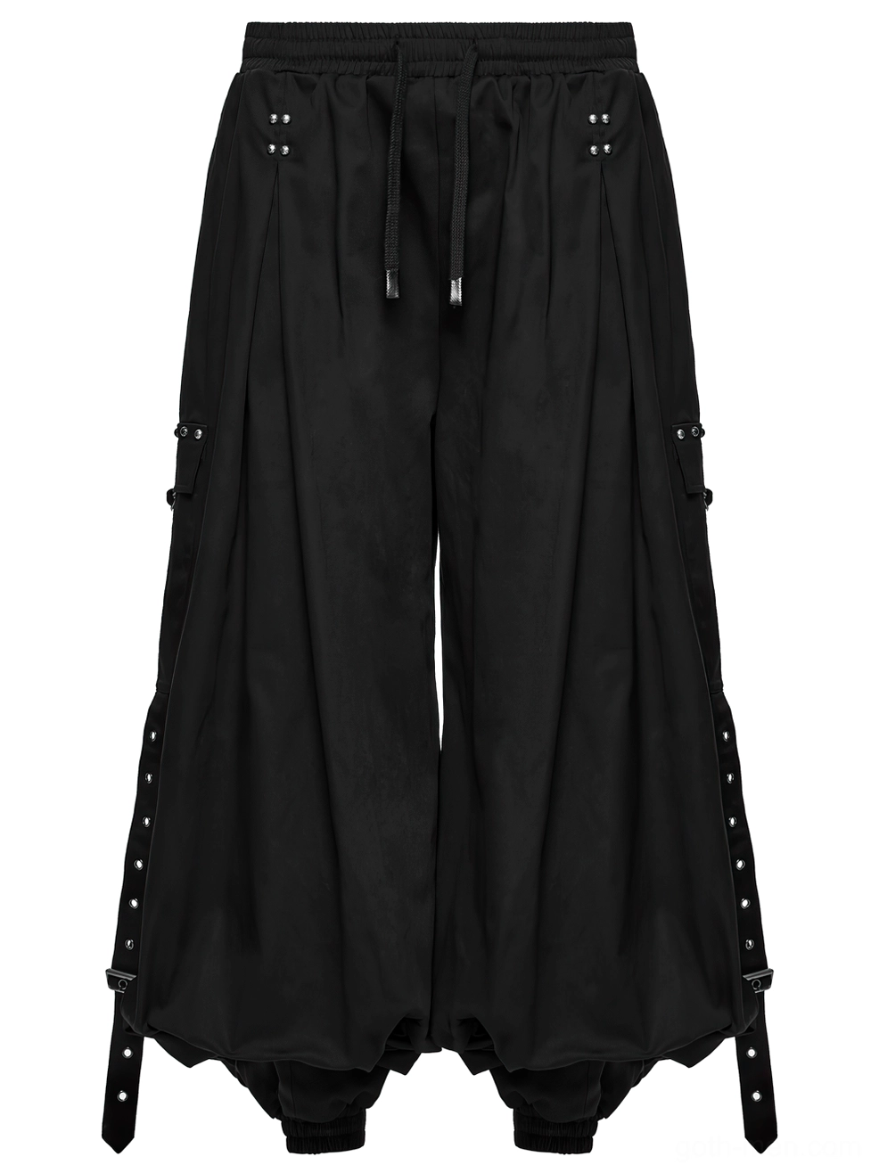 Black gothic cargo pants front flat lay showing pleated wide legs and cargo pocket details