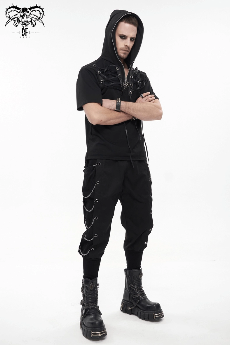 Complete front and side view of black gothic cargo pants showing loose fit and chain eyelet placement