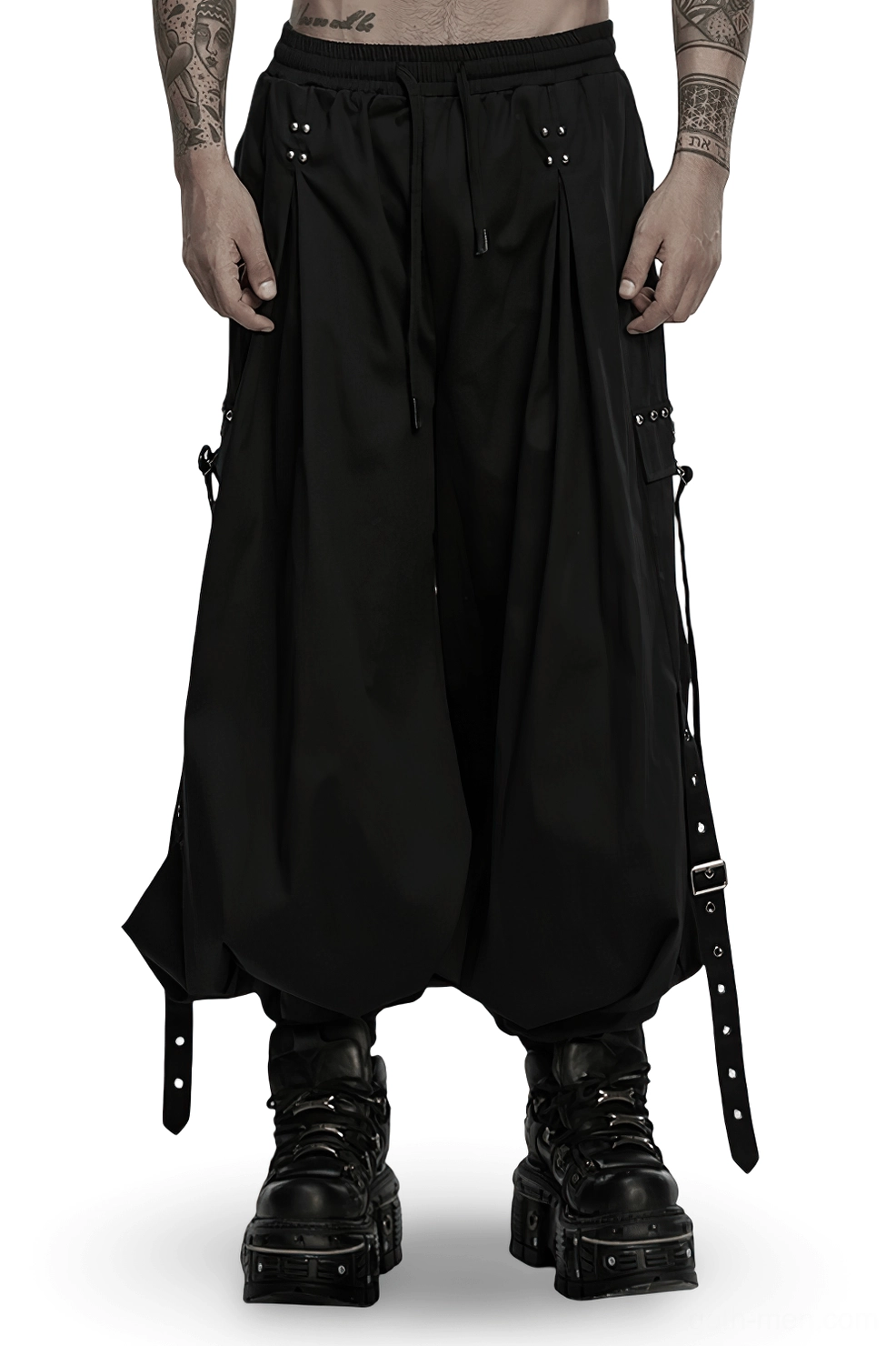 Black gothic cargo pants front full-body view with adjustable straps and metal rivet details