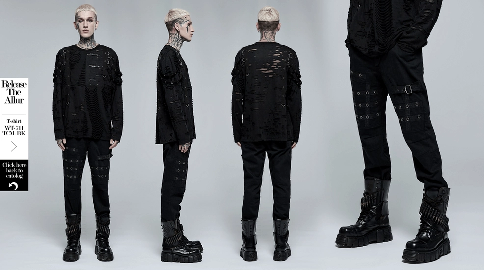 Full-body shot of tattooed male model wearing black gothic cargo pants with alternative styling accessories