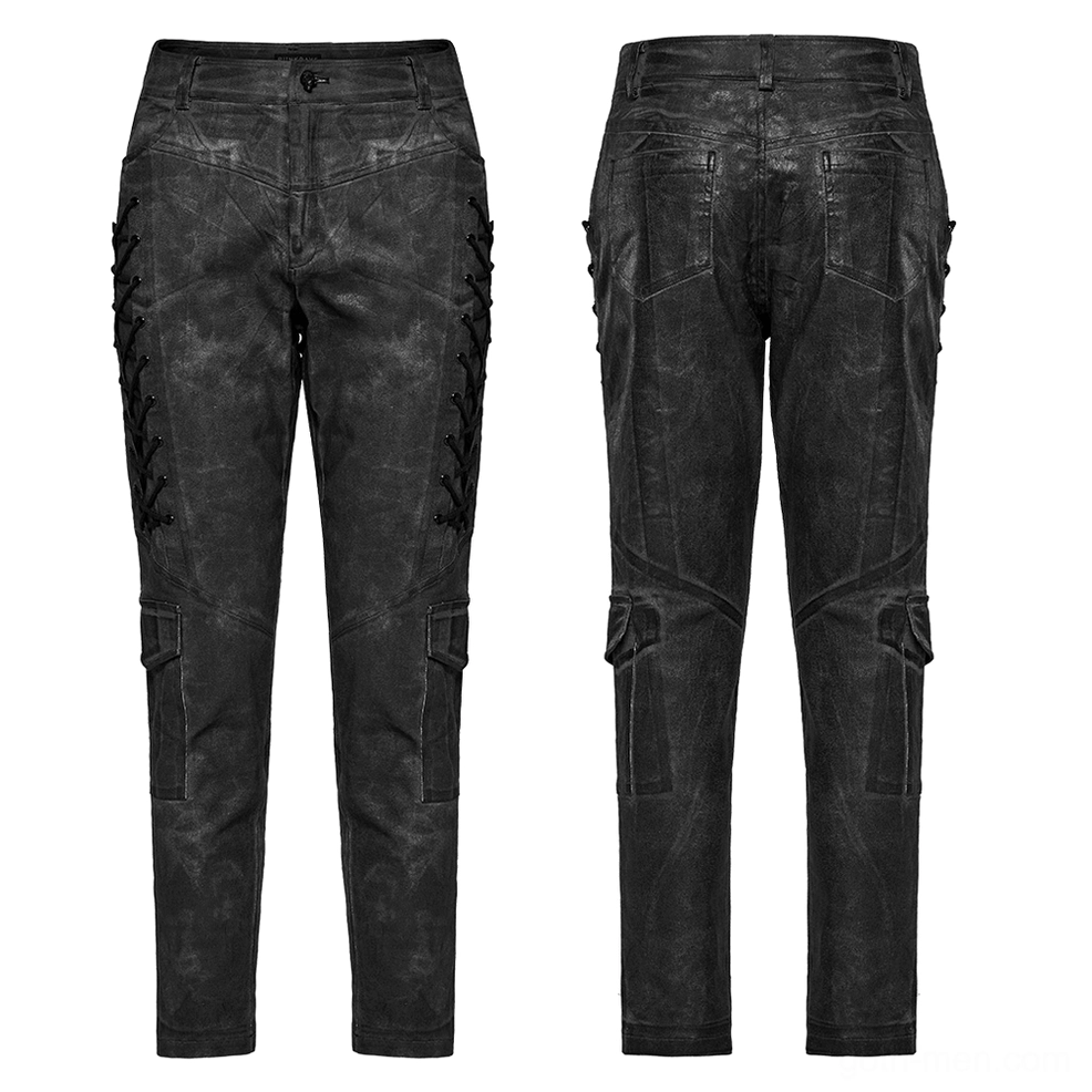 Gray distressed gothic cargo pants flat lay front and rear showcase with side cargo pockets and lace-up panels
