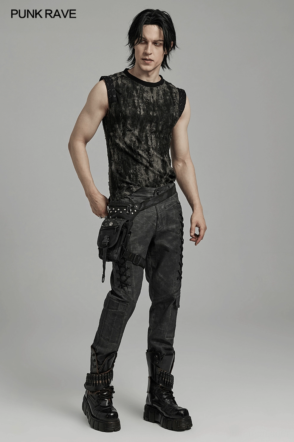 Full product shot of gray gothic cargo pants with visible side cargo pockets and distressed fabric treatment