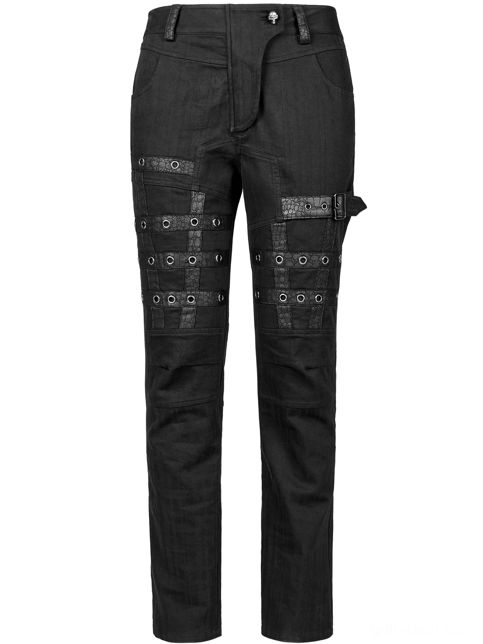 Front flat lay view of black cargo pants with detailed grommet strap side pocket design