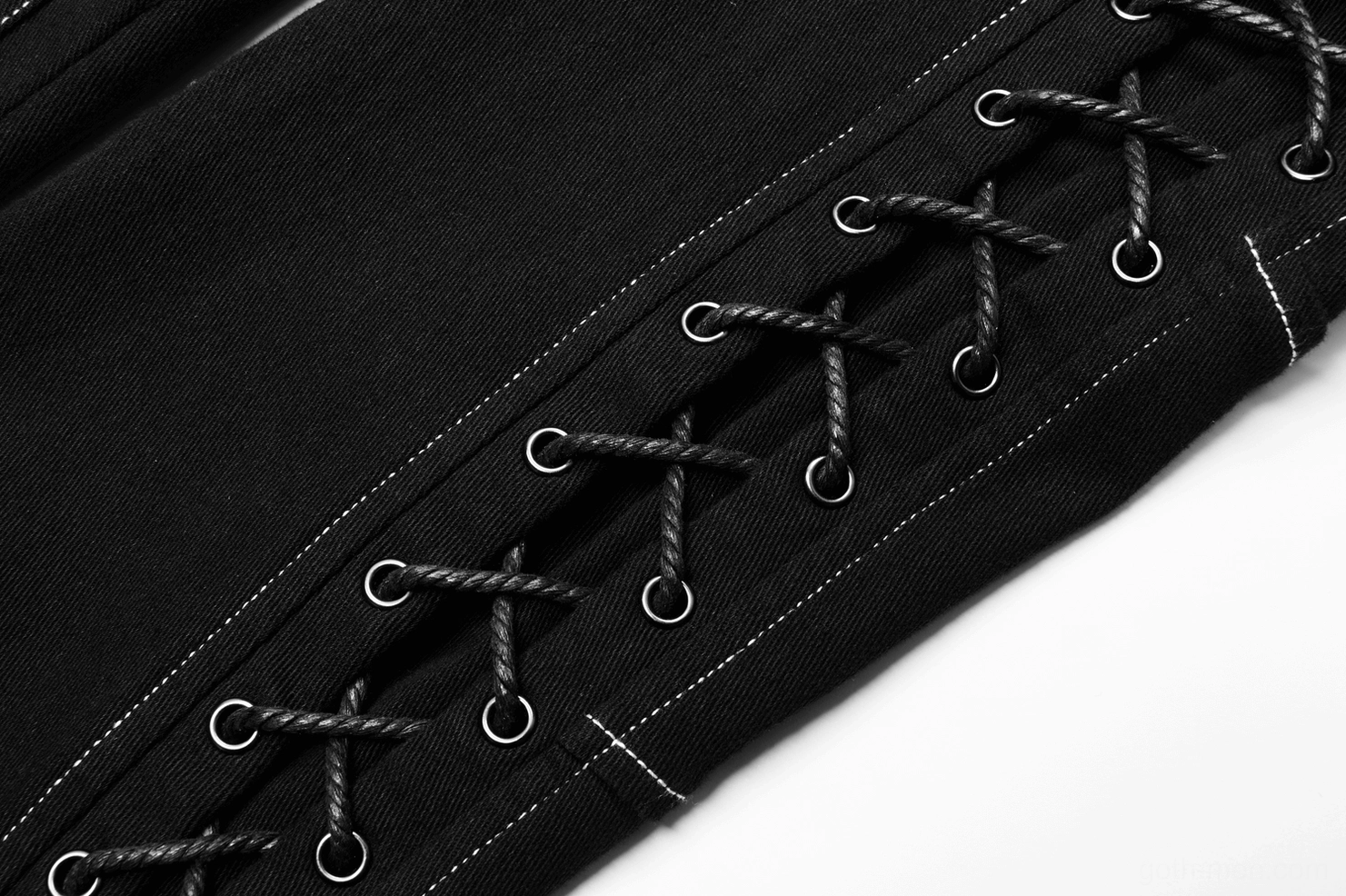 Metal eyelets and twisted rope lace-up detail on gothic cargo pants