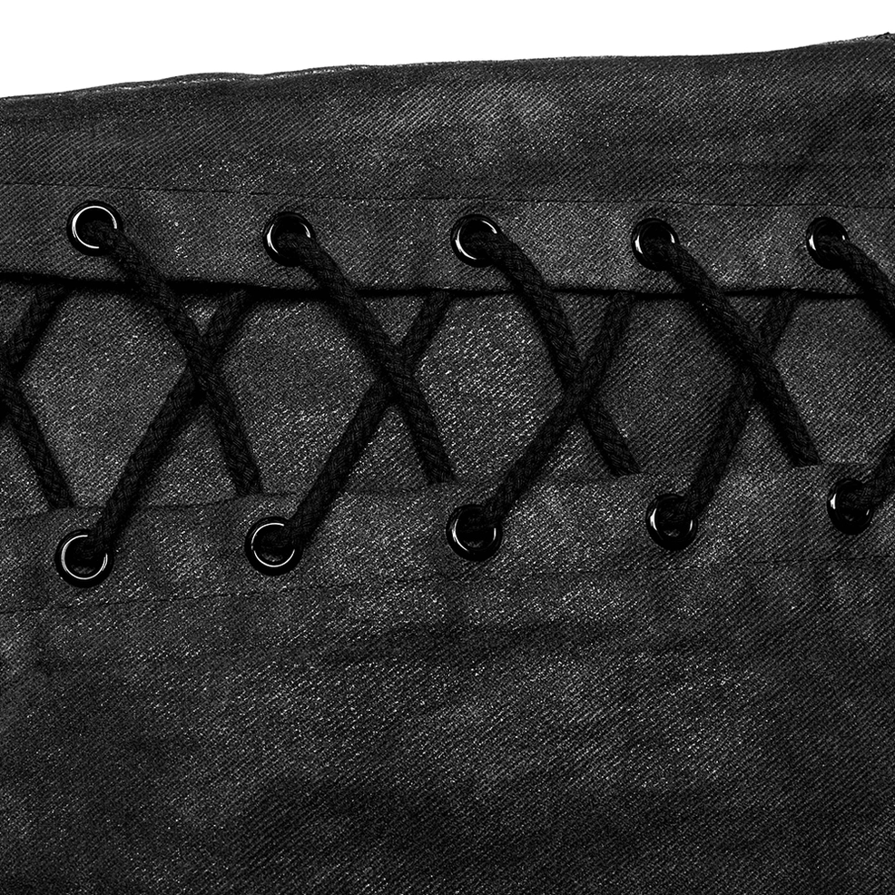 Close-up of braided lace-up side panel on gothic cargo pants featuring metal eyelet fasteners and cord detailing