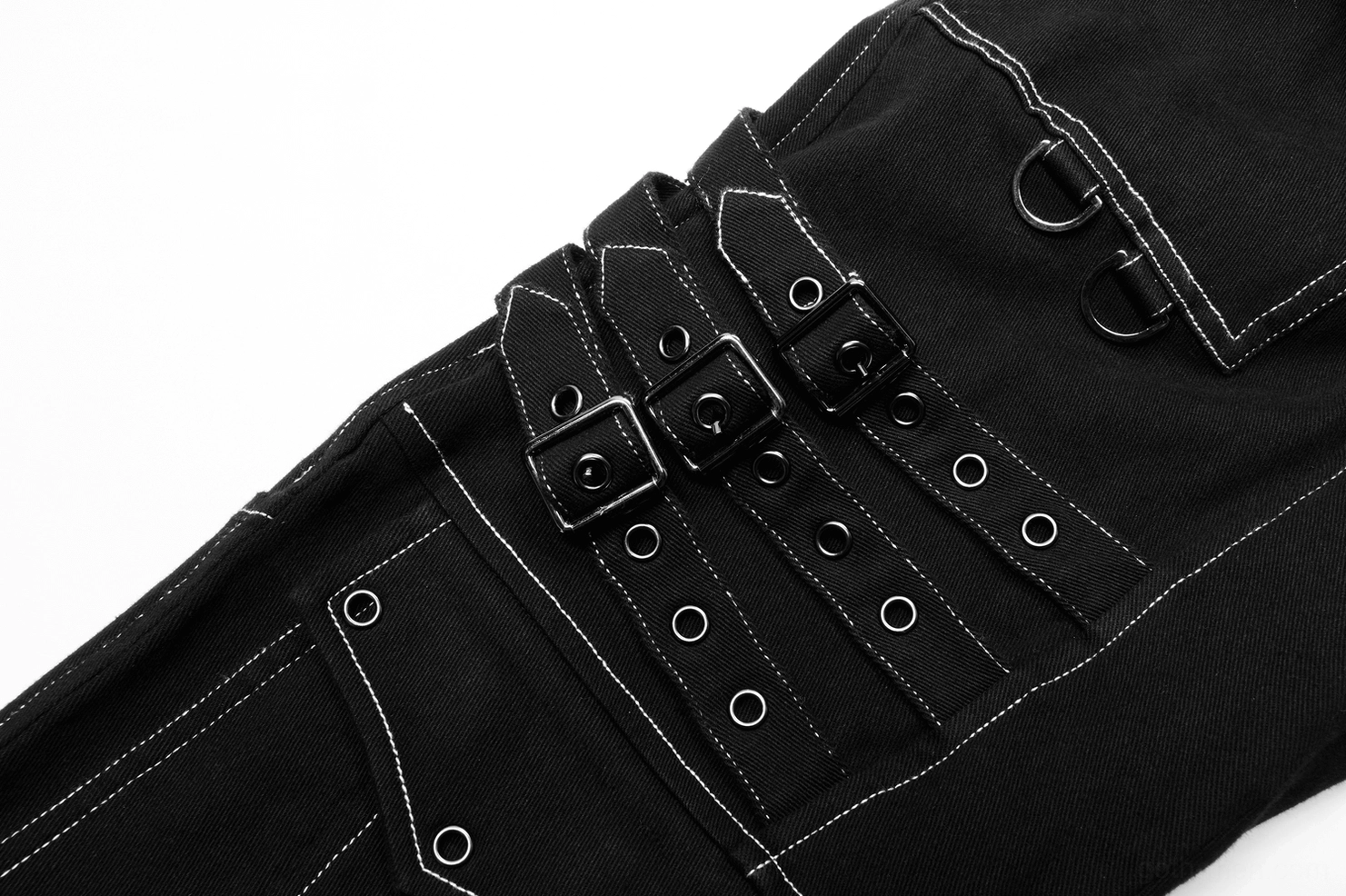 Metal buckle and grommet strap detail on men's gothic cargo pants