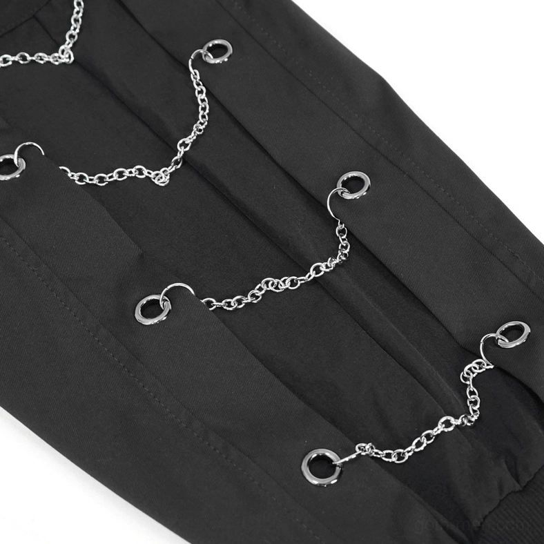 Macro detail photograph of metal chain links and eyelet fasteners on black gothic cargo pant leg