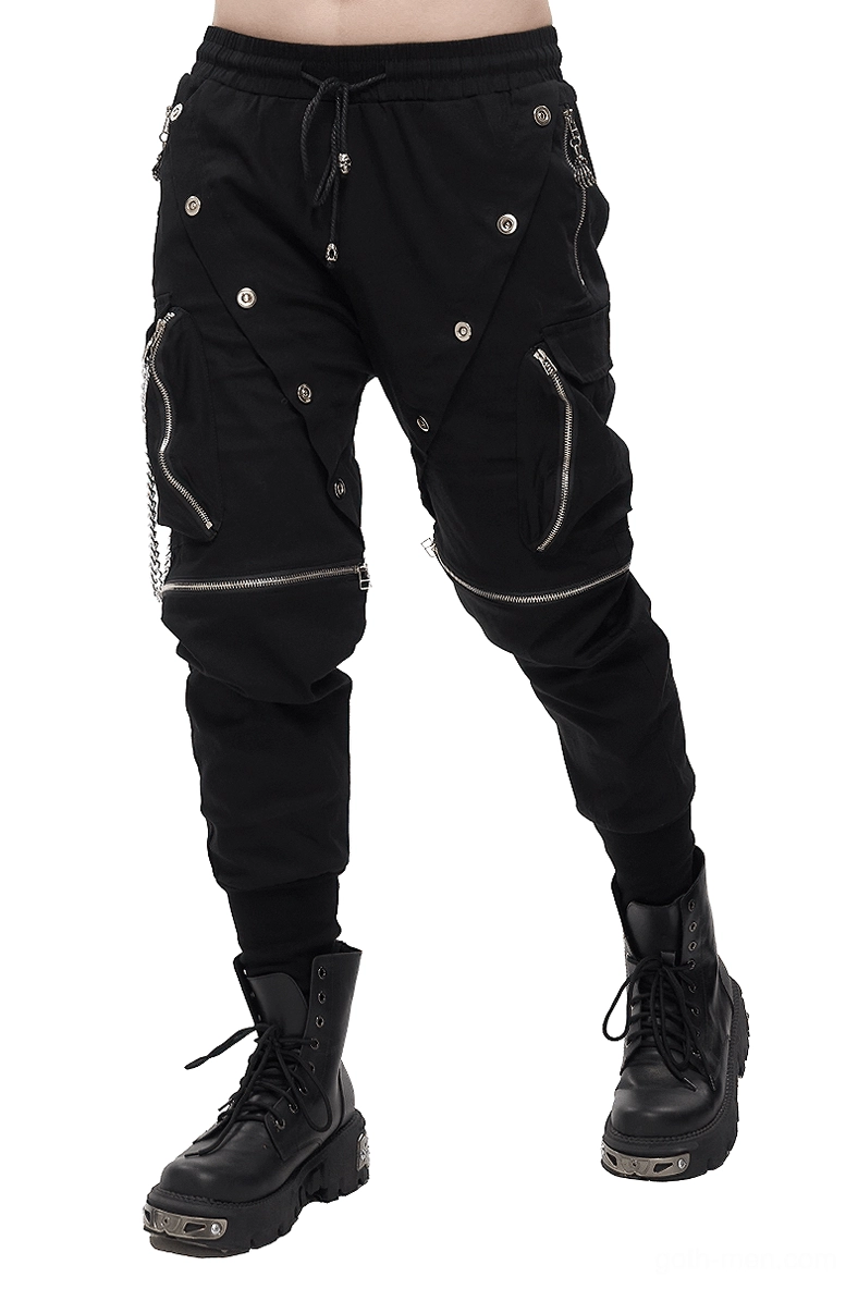 Male model wearing black gothic cargo pants with metal buttons and detachable chain, front three-quarter view