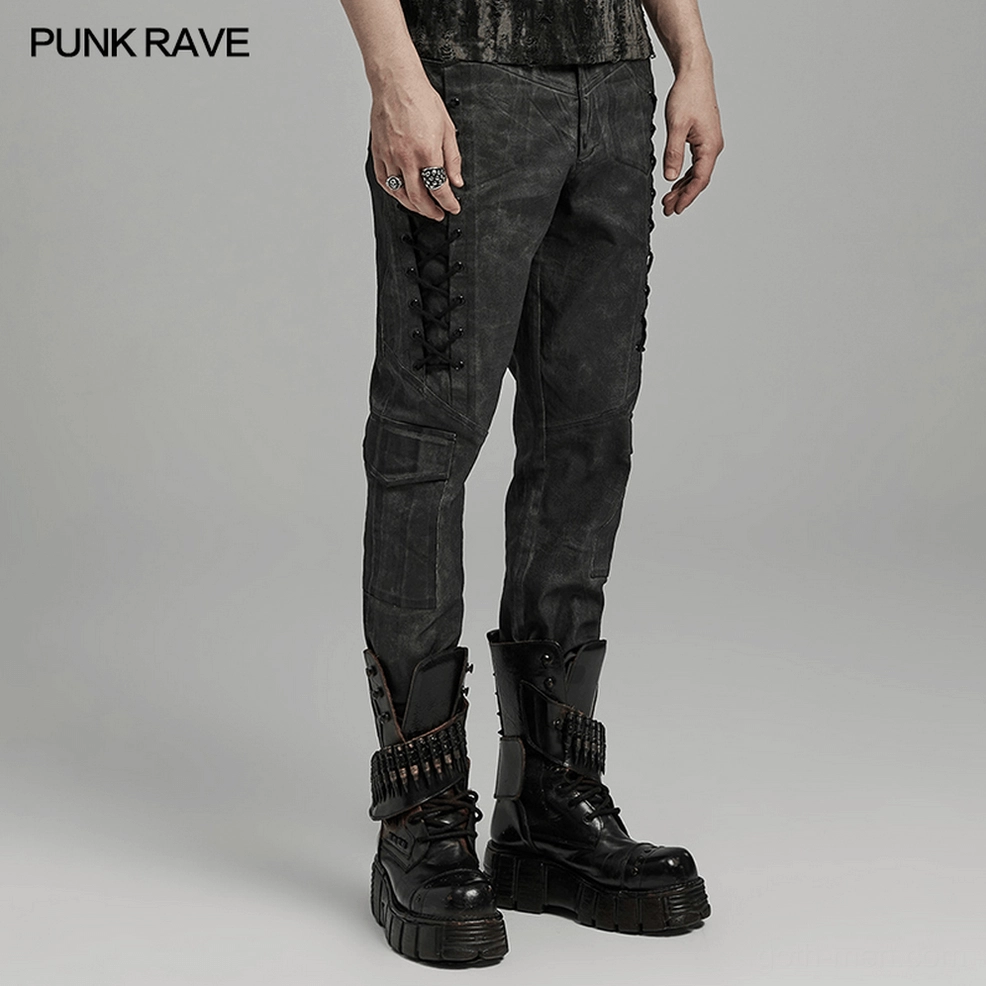 Gothic distressed cargo pants detail shot emphasizing micro-elastic woven fabric texture and intentional distressing