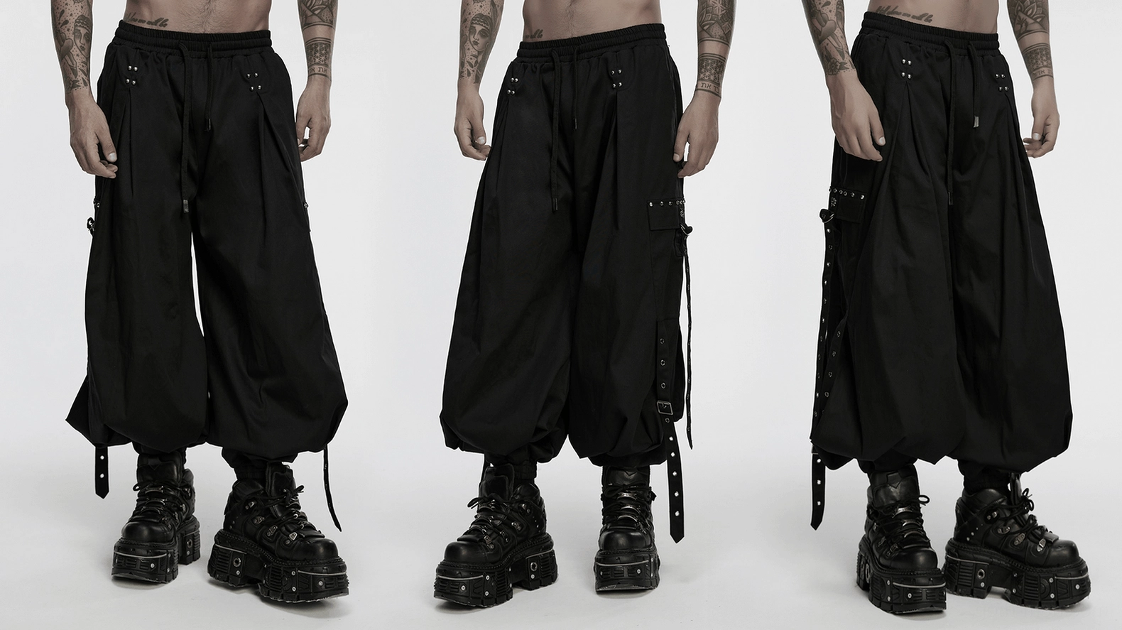 Black gothic cargo pants full-body model view demonstrating fit and proportions in S-M size