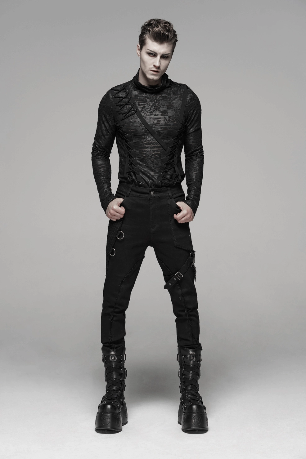 Black Gothic cargo pants pressure-fold three-dimensional detailing on right leg
